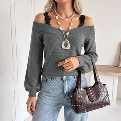 Off-shoulder fitted sweater with lace splicing