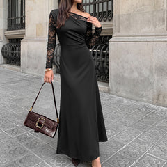 Black one-shoulder long-sleeve lace dress