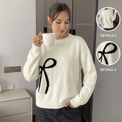 Color-block bow jacquard crew-neck sweater