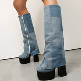 Platform High-Heeled Denim Boots