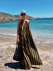 Striped Print V-Neck Lace-Up Long Dress