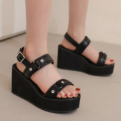 Wedge-Heeled Platform Open-Toe Studded Sandals