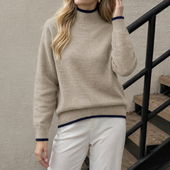 Solid color simple knit sweater with contrasting trim