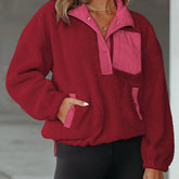 Comfy Cute Pocketed Sherpa Pullover - Coral