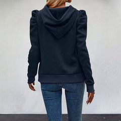 Solid-color hooded sweatshirt with stylish puff sleeves