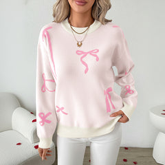Bow-jacquard beaded crew-neck knit top
