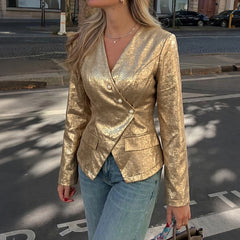 Gold-plated V-neck fitted long-sleeved suit jacket