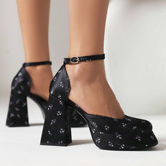 Fabric Thick-Soled Buckle High Heels