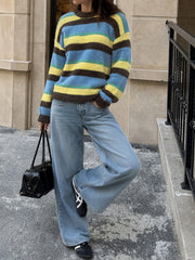 Color-block striped crew-neck sweater in faux mink-effect knit