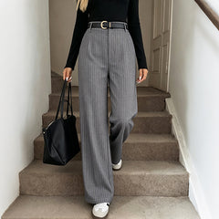 Grey vertical-striped high-waisted straight-leg wide-leg trousers