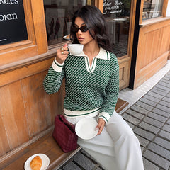 Diagonal-stripe half-placket sweater