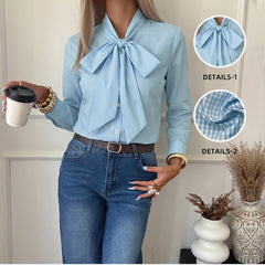 Long-sleeve plaid shirt with a bow-tie collar