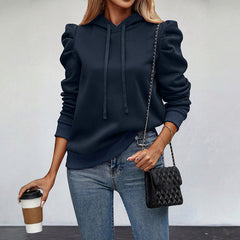 Solid-color hooded sweatshirt with stylish puff sleeves