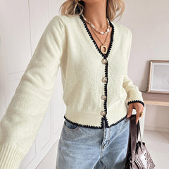 Color-block wave-edge V-neck knit cardigan
