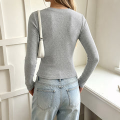 Ribbed Long-Sleeve V-Neck T-Shirt with Lace Paneling