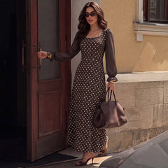 Polka-dot chiffon dress with a square neck and flared sleeves