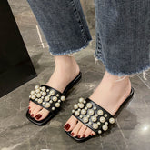 Ladies Pu Pearl Flat Slippers