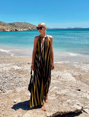 Striped Print V-Neck Lace-Up Long Dress