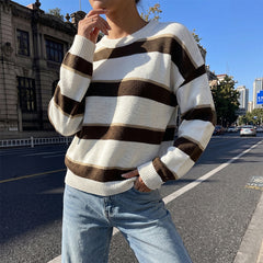 Drop-shoulder long-sleeved round neck striped sweater