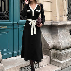 Black and White Color-Block V-Neck Waist-Defining Dress