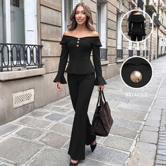Black off-the-shoulder fitted top and flared pants set