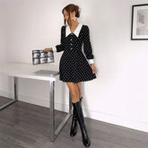 Collared long-sleeve dress with small polka dots