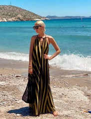 Striped Print V-Neck Lace-Up Long Dress