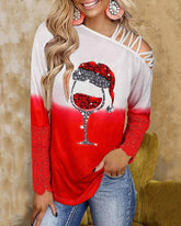 Christmas Wine Glass Print Contrast Lace Cold Shoulder Top