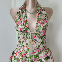 Deep V-Neck Halter Dress With Vintage Print