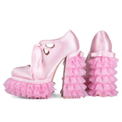 Pink Platform Lace Chunky Heels