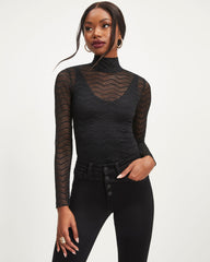 Annabella Crochet Lace Mock Neck Bodysuit - Black