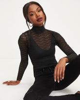 Annabella Crochet Lace Mock Neck Bodysuit - Black