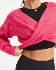 Cozy Little Something Crop Twist Front Sweater - Bright Pink - SALE