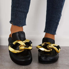 Cork Footbed Flat Slip-on Backless Mule Slide Metal Chain Slippers