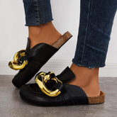Cork Footbed Flat Slip-on Backless Mule Slide Metal Chain Slippers