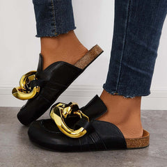 Cork Footbed Flat Slip-on Backless Mule Slide Metal Chain Slippers