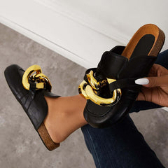 Cork Footbed Flat Slip-on Backless Mule Slide Metal Chain Slippers