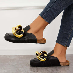 Cork Footbed Flat Slip-on Backless Mule Slide Metal Chain Slippers