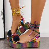 Glitter Open Toe Lace Up Platform Heel Ankle Strap Sandals
