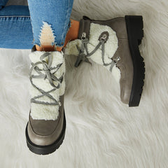 Faux Shearling Stiching Lace Up Snow Boots