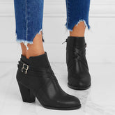 Crisscross Buckle Chunky Heel Ankle Boots Side Zipper Booties