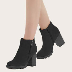 Black Chunky Heel Booties Round Toe Side Zip Ankle Boots