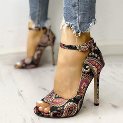 Ethnic Print Ankle Strap High Heels