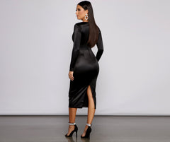 Addison Stretch Satin Long Sleeve Midi Dress Oshnow