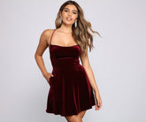 Amelia Lace-Up Back Velvet Skater Dress Oshnow