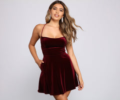 Amelia Lace-Up Back Velvet Skater Dress Oshnow