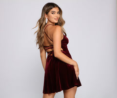 Amelia Lace-Up Back Velvet Skater Dress Oshnow