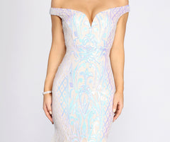 Andrina Iridescent Sequin & Tulle Off Shoulder Mermaid Dress Oshnow