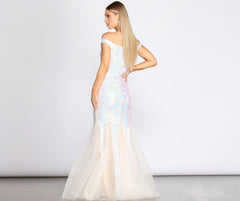 Andrina Iridescent Sequin & Tulle Off Shoulder Mermaid Dress Oshnow