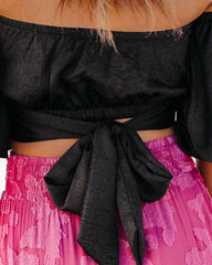 Aspiring Satin Off The Shoulder Crop Top - Black Oshnow